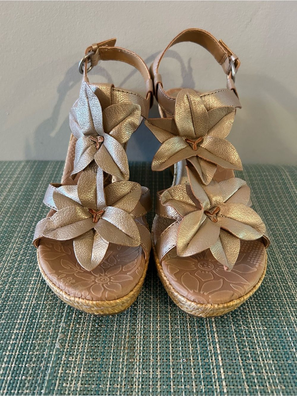 b.o.c. Metallic Gold Leather Wedge Sandals - Size 9